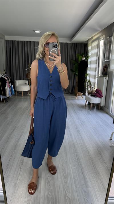 PREMİUM SERİ, YELEK ŞALVAR PANTOLON MAVİ KETEN TAKIM