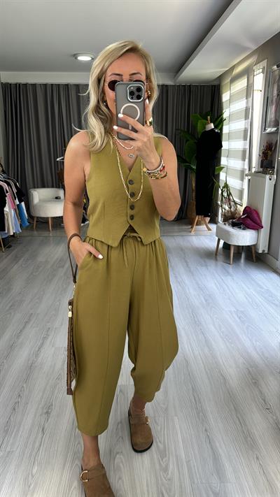 PREMİUM SERİ, YELEK ŞALVAR PANTOLON YAĞ YEŞİLİ KETEN TAKIM