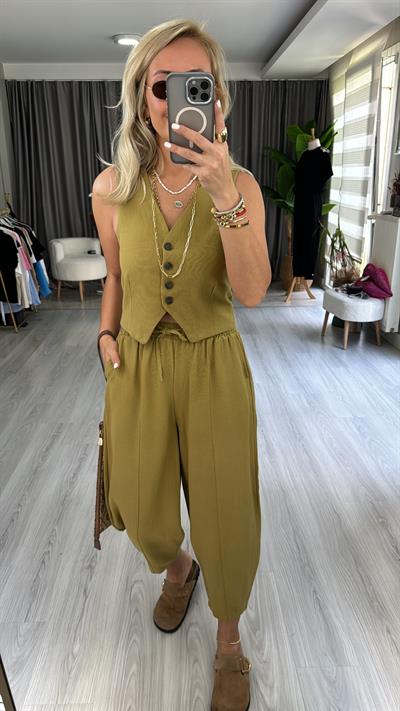 PREMİUM SERİ, YELEK ŞALVAR PANTOLON YAĞ YEŞİLİ KETEN TAKIM