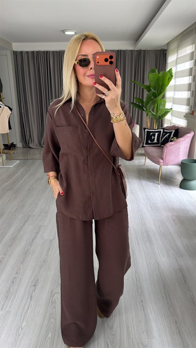 Premium Tuncel Gömlek Pantolon Kahverengi Takım