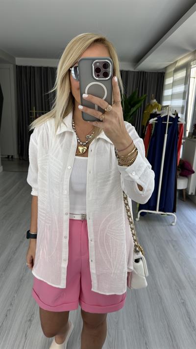 PUL NAKIŞ İŞLEMELİ %100 COTTON BEYAZ GÖMLEK