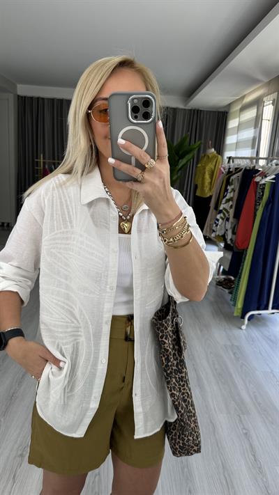 PUL NAKIŞ İŞLEMELİ %100 COTTON BEYAZ GÖMLEK