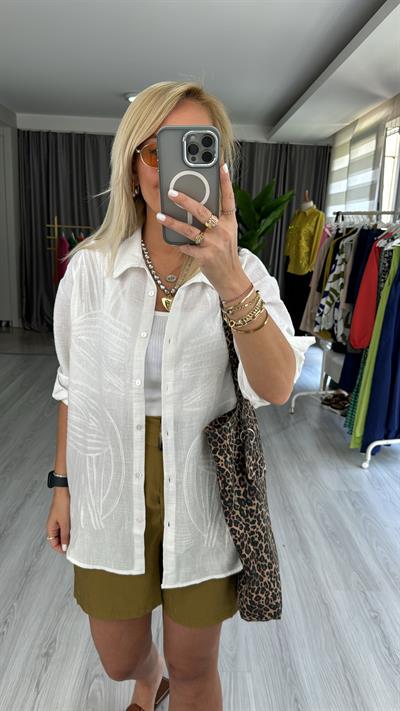 PUL NAKIŞ İŞLEMELİ %100 COTTON BEYAZ GÖMLEK