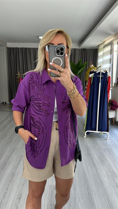 PUL NAKIŞ İŞLEMELİ %100 COTTON MOR GÖMLEK