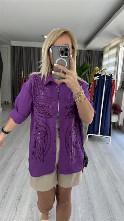 PUL NAKIŞ İŞLEMELİ %100 COTTON MOR GÖMLEK