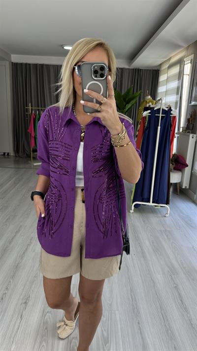 PUL NAKIŞ İŞLEMELİ %100 COTTON MOR GÖMLEK