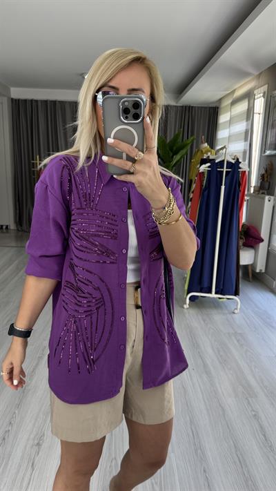 PUL NAKIŞ İŞLEMELİ %100 COTTON MOR GÖMLEK