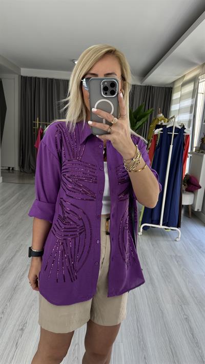 PUL NAKIŞ İŞLEMELİ %100 COTTON MOR GÖMLEK