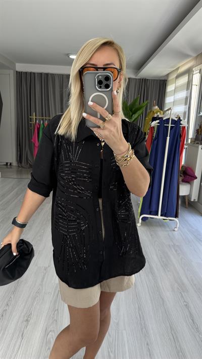 PUL NAKIŞ İŞLEMELİ %100 COTTON SİYAH GÖMLEK