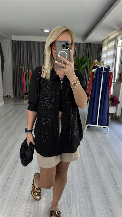 PUL NAKIŞ İŞLEMELİ %100 COTTON SİYAH GÖMLEK