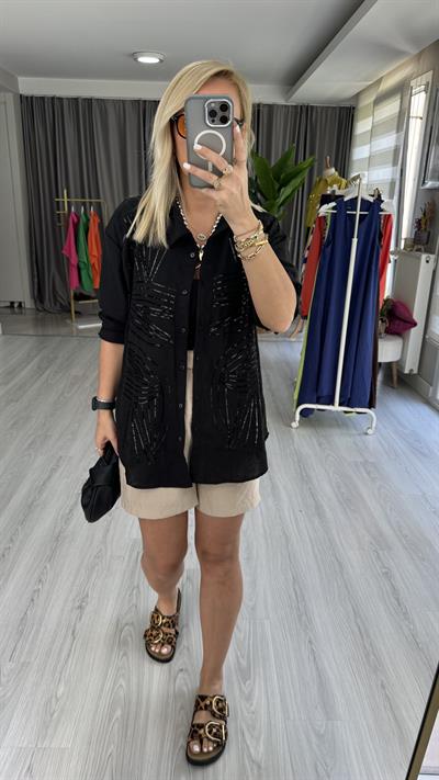 PUL NAKIŞ İŞLEMELİ %100 COTTON SİYAH GÖMLEK