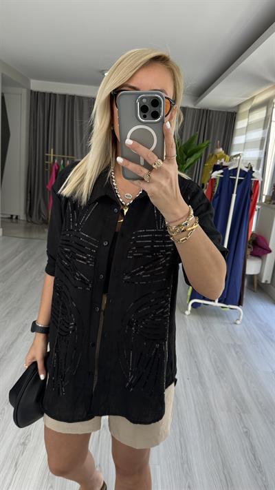 PUL NAKIŞ İŞLEMELİ %100 COTTON SİYAH GÖMLEK