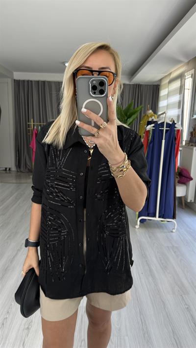 PUL NAKIŞ İŞLEMELİ %100 COTTON SİYAH GÖMLEK
