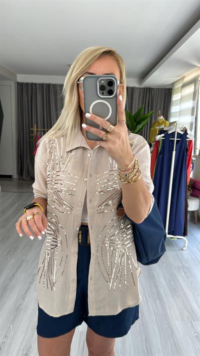 PUL NAKIŞ İŞLEMELİ %100 COTTON TAŞ RENGİ GÖMLEK