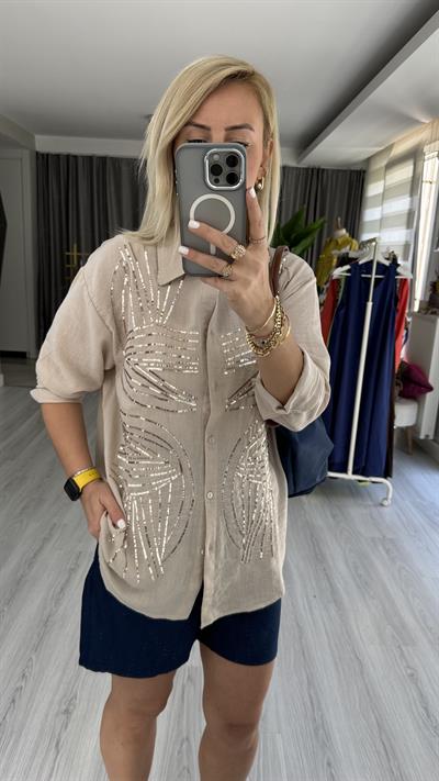 PUL NAKIŞ İŞLEMELİ %100 COTTON TAŞ RENGİ GÖMLEK