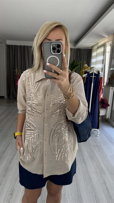 PUL NAKIŞ İŞLEMELİ %100 COTTON TAŞ RENGİ GÖMLEK