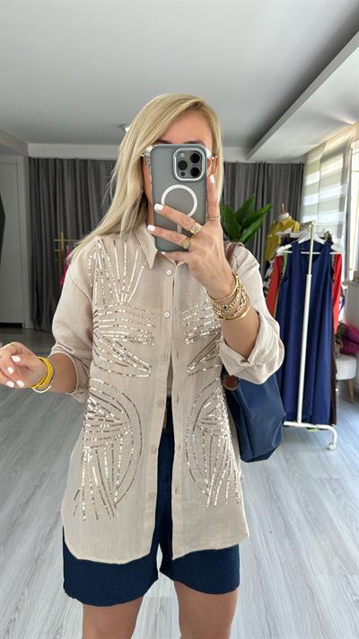 PUL NAKIŞ İŞLEMELİ %100 COTTON TAŞ RENGİ GÖMLEK