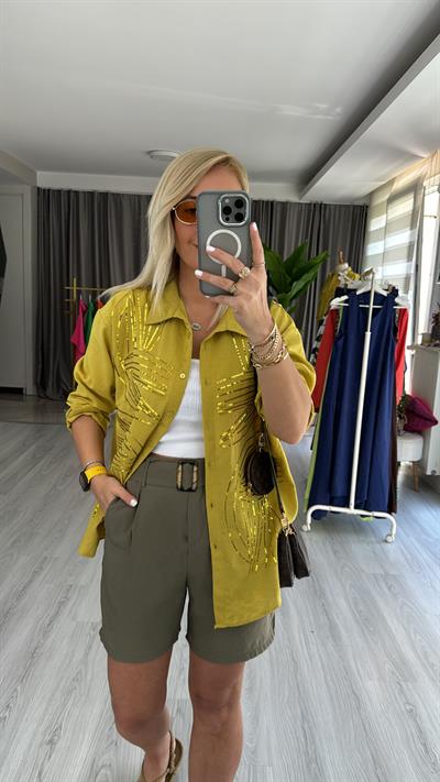 PUL NAKIŞ İŞLEMELİ %100 COTTON YAĞ YEŞİLİ GÖMLEK