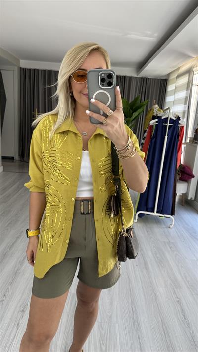 PUL NAKIŞ İŞLEMELİ %100 COTTON YAĞ YEŞİLİ GÖMLEK