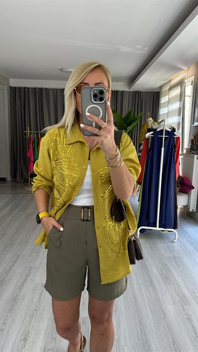 PUL NAKIŞ İŞLEMELİ %100 COTTON YAĞ YEŞİLİ GÖMLEK