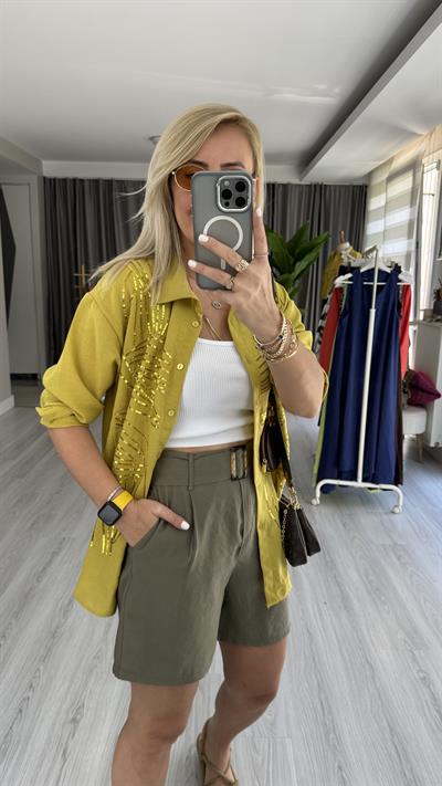 PUL NAKIŞ İŞLEMELİ %100 COTTON YAĞ YEŞİLİ GÖMLEK