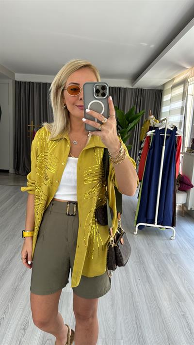 PUL NAKIŞ İŞLEMELİ %100 COTTON YAĞ YEŞİLİ GÖMLEK