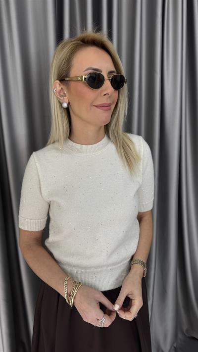 Pul Payet İşlemeli Ekru Triko