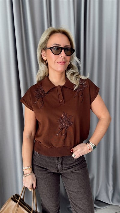 Pul Payet İşlemeli Polo Yaka Kahverengi Triko