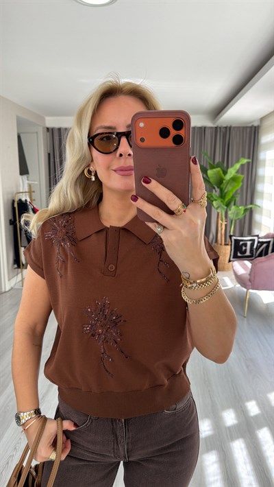 Pul Payet İşlemeli Polo Yaka Kahverengi Triko