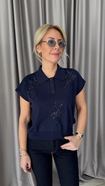 Pul Payet İşlemeli Polo Yaka Lacivert Triko