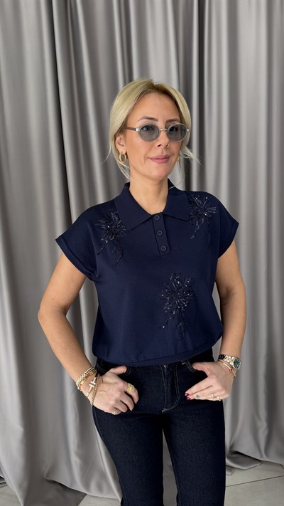 Pul Payet İşlemeli Polo Yaka Lacivert Triko