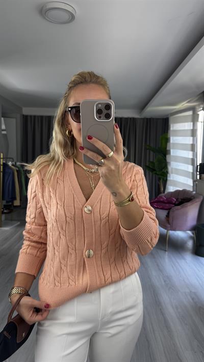 Saç Örgü Üç Düğme Somon Triko Hırka