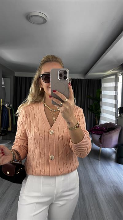 Saç Örgü Üç Düğme Somon Triko Hırka