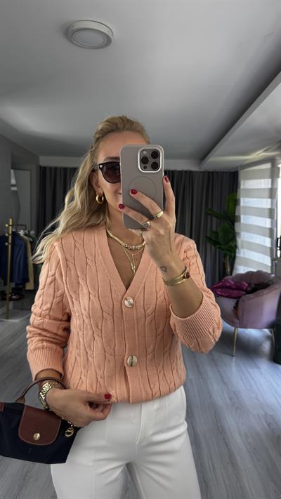 Saç Örgü Üç Düğme Somon Triko Hırka