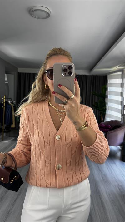 Saç Örgü Üç Düğme Somon Triko Hırka