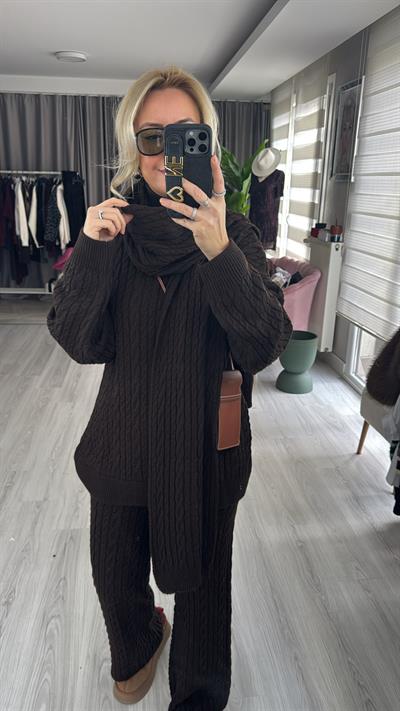 Saç Örgülü Atkılı Kahve Triko Takım