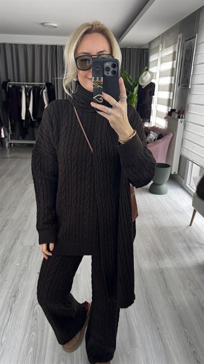 Saç Örgülü Atkılı Kahve Triko Takım