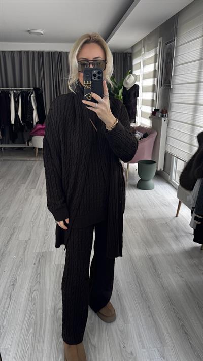 Saç Örgülü Atkılı Kahve Triko Takım