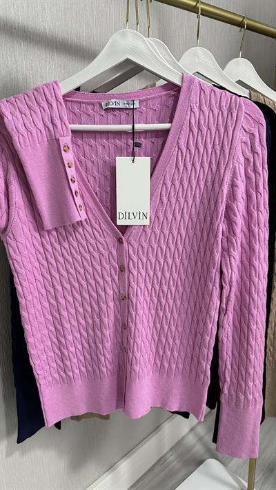 SAÇ ÖRGÜLÜ DÜĞMELİ PEMBE V YAKA TRİKO HIRKA