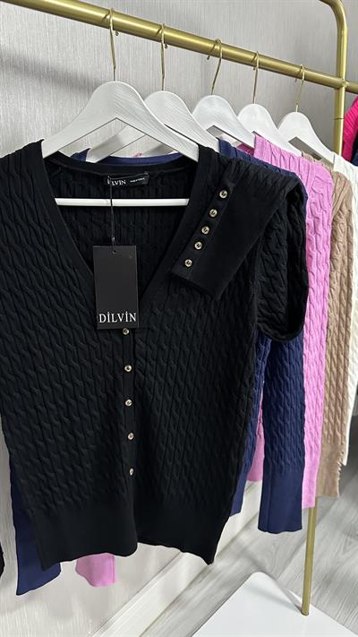 SAÇ ÖRGÜLÜ DÜĞMELİ SİYAH V YAKA TRİKO HIRKA