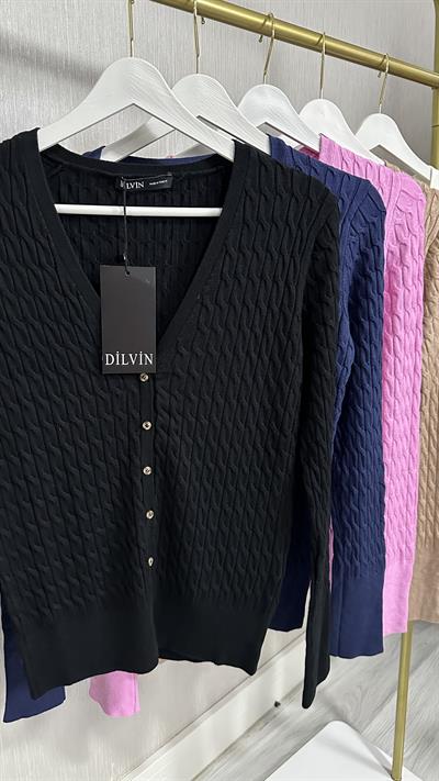 SAÇ ÖRGÜLÜ DÜĞMELİ SİYAH V YAKA TRİKO HIRKA