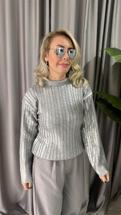 SAÇ ÖRGÜLÜ VARAK BASKILI GRİ TRİKO