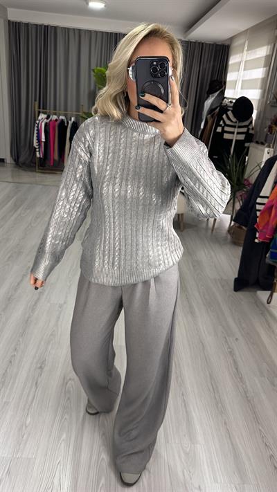 SAÇ ÖRGÜLÜ VARAK BASKILI GRİ TRİKO