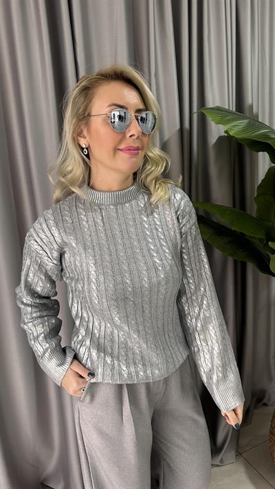 SAÇ ÖRGÜLÜ VARAK BASKILI GRİ TRİKO