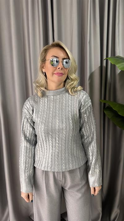 SAÇ ÖRGÜLÜ VARAK BASKILI GRİ TRİKO