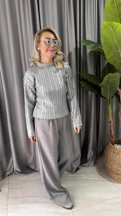 SAÇ ÖRGÜLÜ VARAK BASKILI GRİ TRİKO