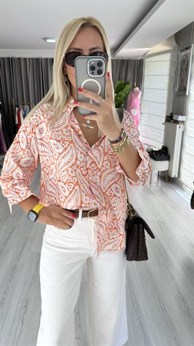 Şal Desen Modal Tencel Turuncu Gömlek