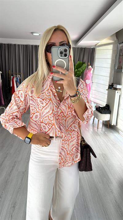 Şal Desen Modal Tencel Turuncu Gömlek