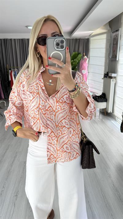 Şal Desen Modal Tencel Turuncu Gömlek