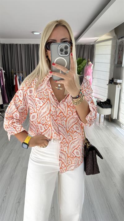 Şal Desen Modal Tencel Turuncu Gömlek